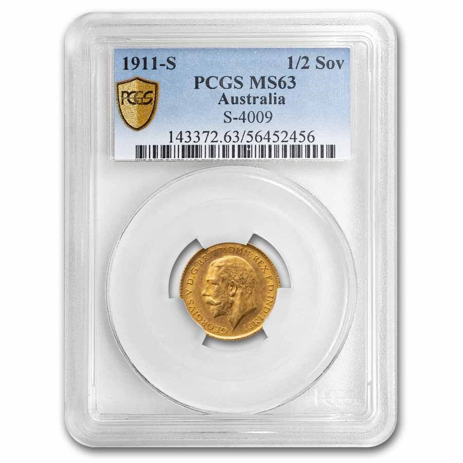1911-S Australia Gold 1/2 Sovereign George V MS-63 PCGS