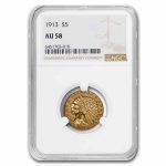 1913 $5 Indian Gold Half Eagle AU-58 NGC