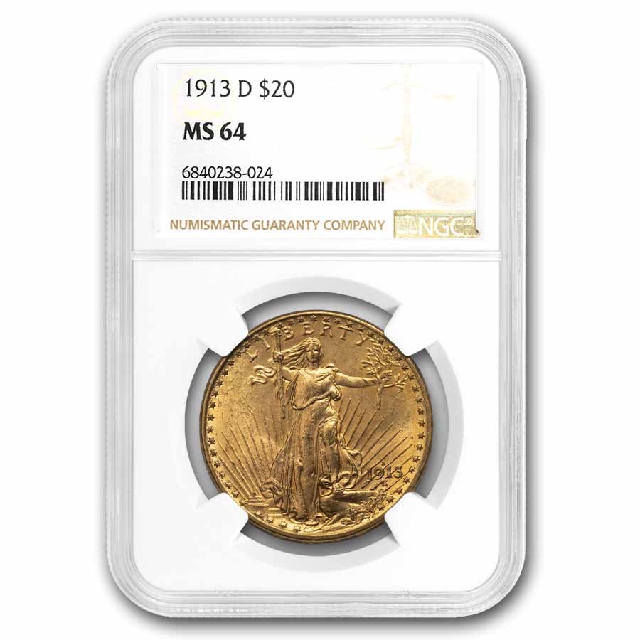 1913-D $20 St Gaudens Gold Double Eagle MS-64 NGC