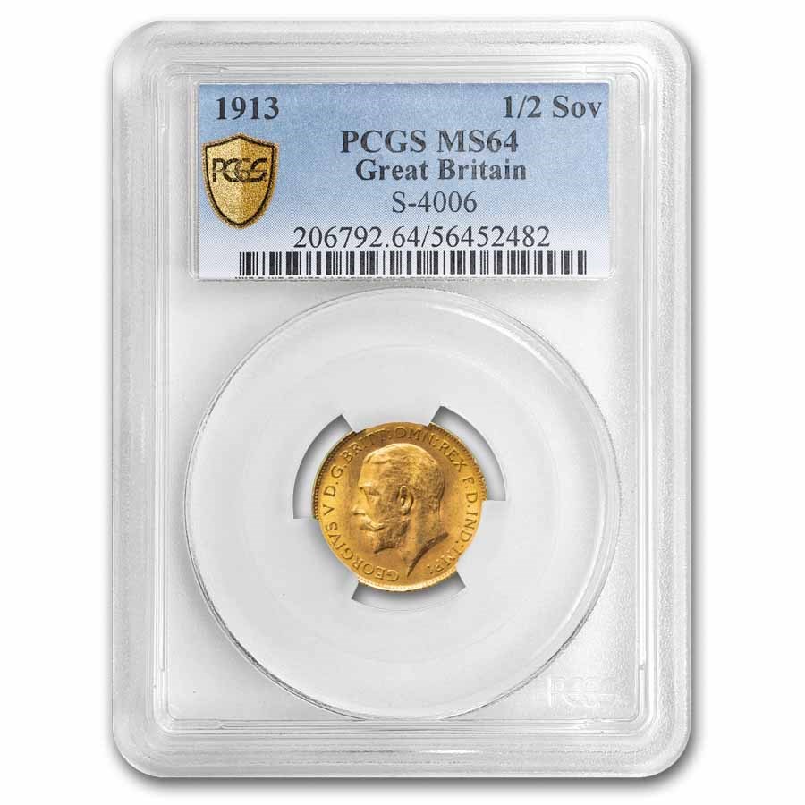 1913 Great Britain Gold 1/2 Sovereign George V MS-64 PCGS