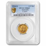 1914-S Australia Gold 1/2 Sovereign George V MS-63 PCGS