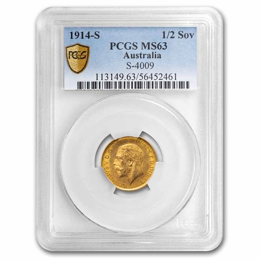 1914-S Australia Gold 1/2 Sovereign George V MS-63 PCGS