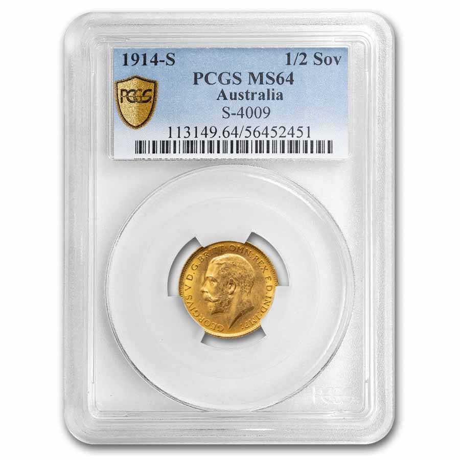 1914-S Australia Gold 1/2 Sovereign George V MS-64 PCGS