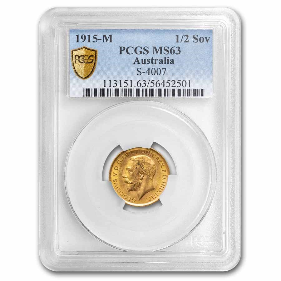 1915-M Australia Gold 1/2 Sovereign George V MS-63 PCGS