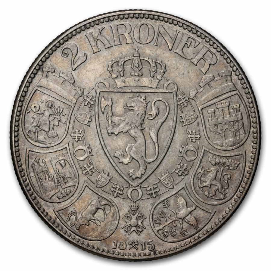 1915 Norway Silver 2 Kroner Haakon VII AU (Scratched)
