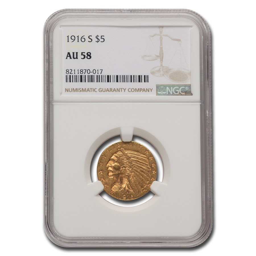 1916-S $5 Indian Gold Half Eagle AU-58 NGC