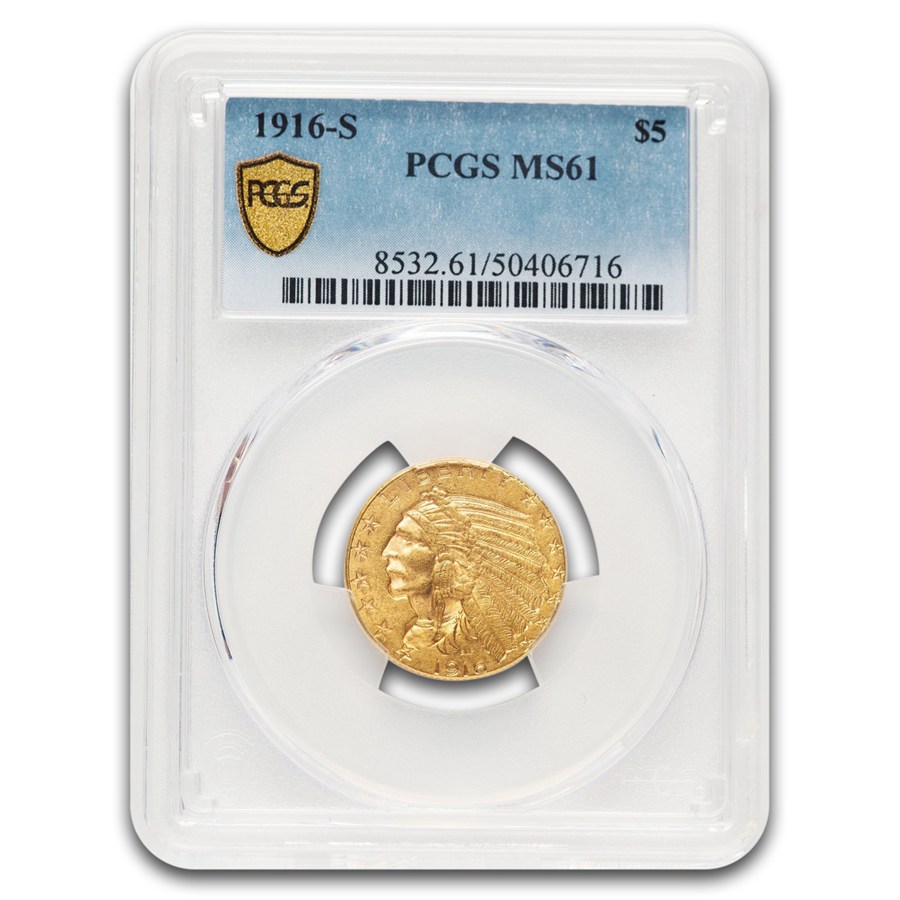 1916-S $5 Indian Gold Half Eagle MS-61 PCGS