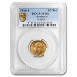 1916-S Australia Gold 1/2 Sovereign George V MS-64 PCGS