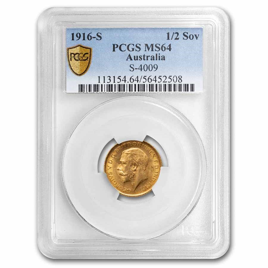 1916-S Australia Gold 1/2 Sovereign George V MS-64 PCGS