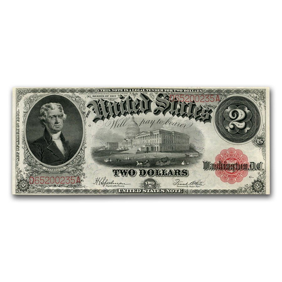 1917 $2.00 Legal Tender Jefferson AU (Bracelet Back Fr#60)