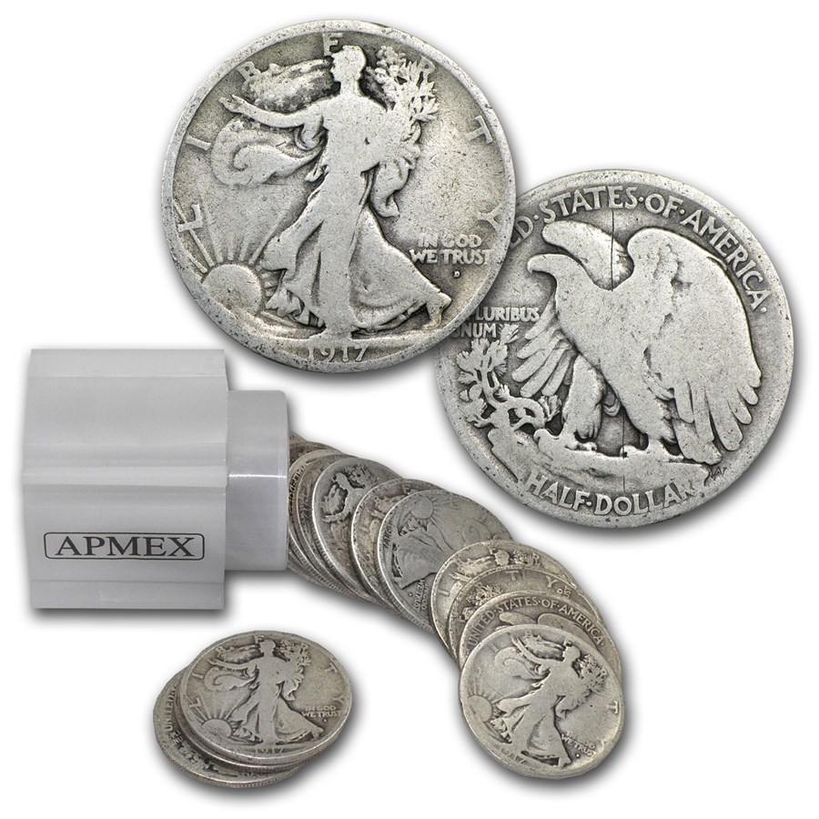 1917-D Obv Walking Liberty Halves 20-Coin Roll Avg Circ