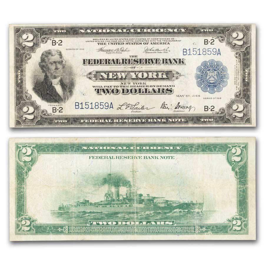 1918 (B-New York) $2 FRBN Battleship VF (Fr#750)