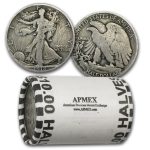 1918-D Walking Liberty Halves 20-Coin Roll Avg Circ