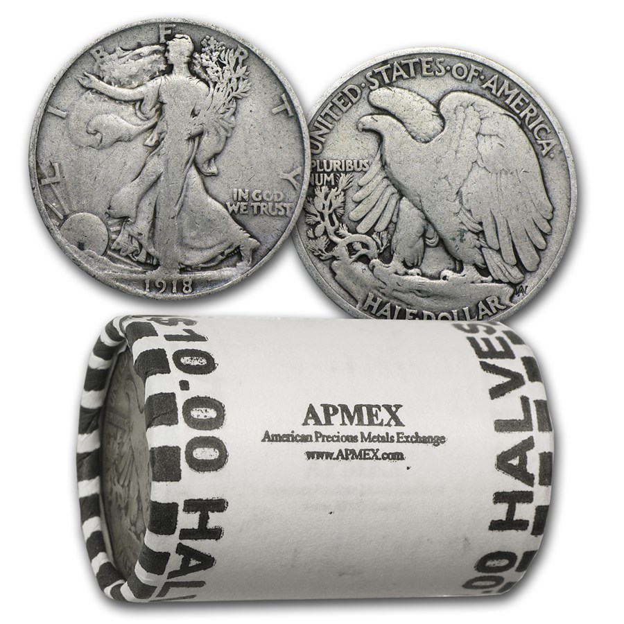 1918 Walking Liberty Halves 20-Coin Roll Avg Circ