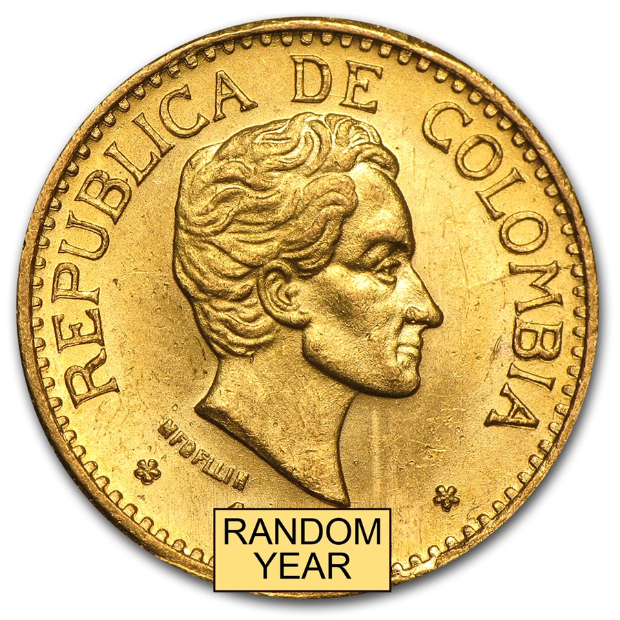 1919-1930 Colombia Gold 5 Pesos Simon Bolivar AU
