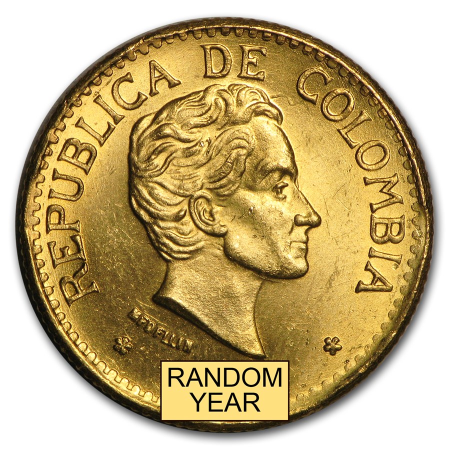 1919-1930 Colombia Gold 5 Pesos Simon Bolivar Avg Circ