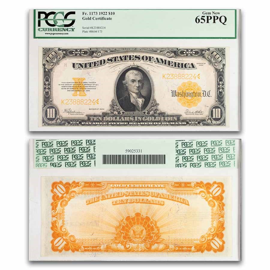 1922 $10 Gold Certificate Hillegas Gem CU-65 PPQ PCGS (Fr#1173)
