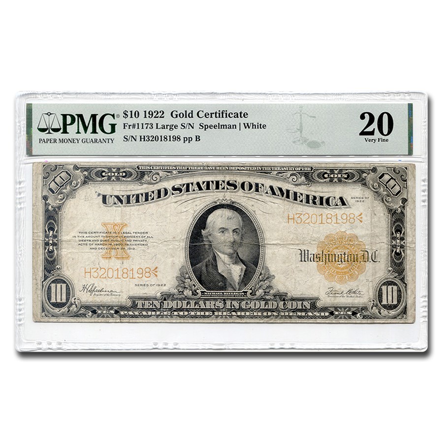 1922 $10 Gold Certificate Hillegas VF-20 PMG (Fr#1173)