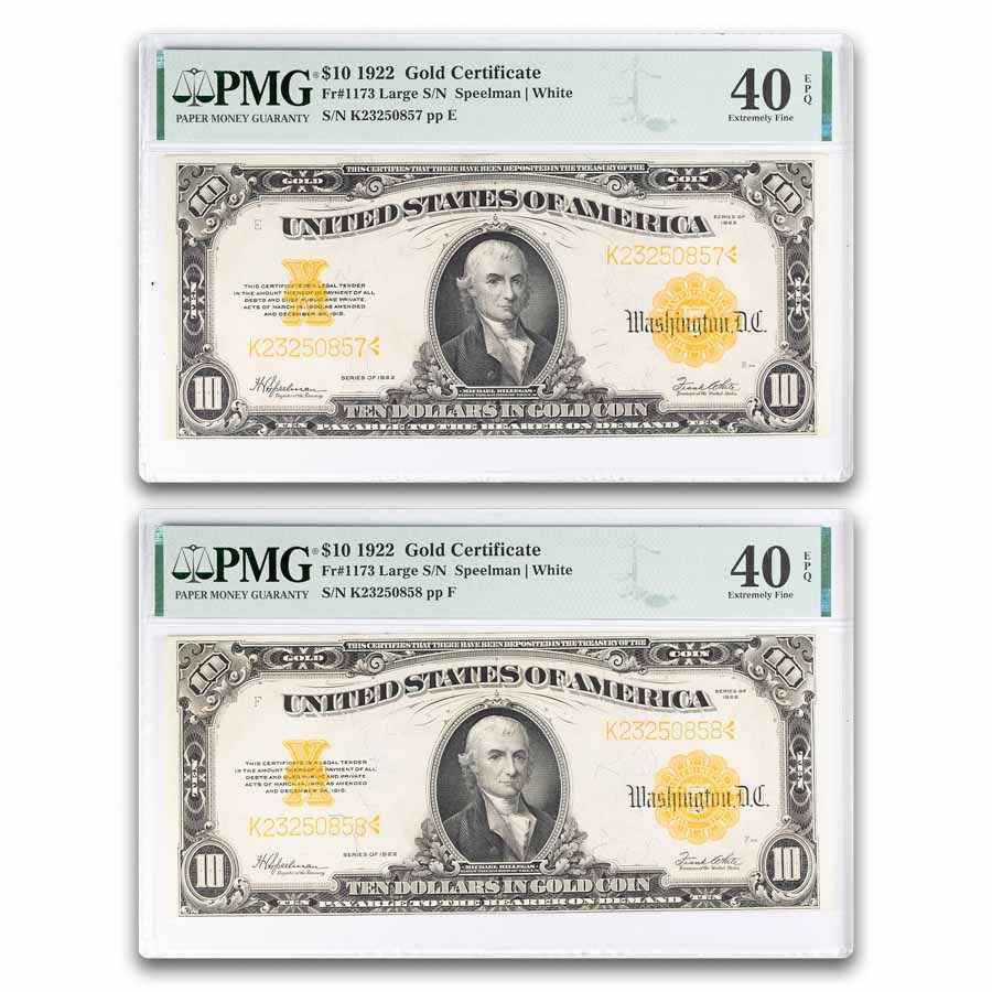 1922 $10 Gold Certificate XF-40 EPQ PMG (Fr#1173) 2 Cons.