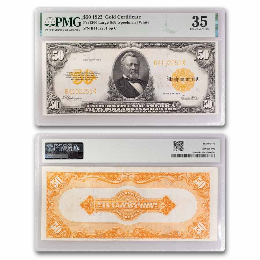 1922 $50 Gold Certificate VF-35 PMG (Fr#1200)
