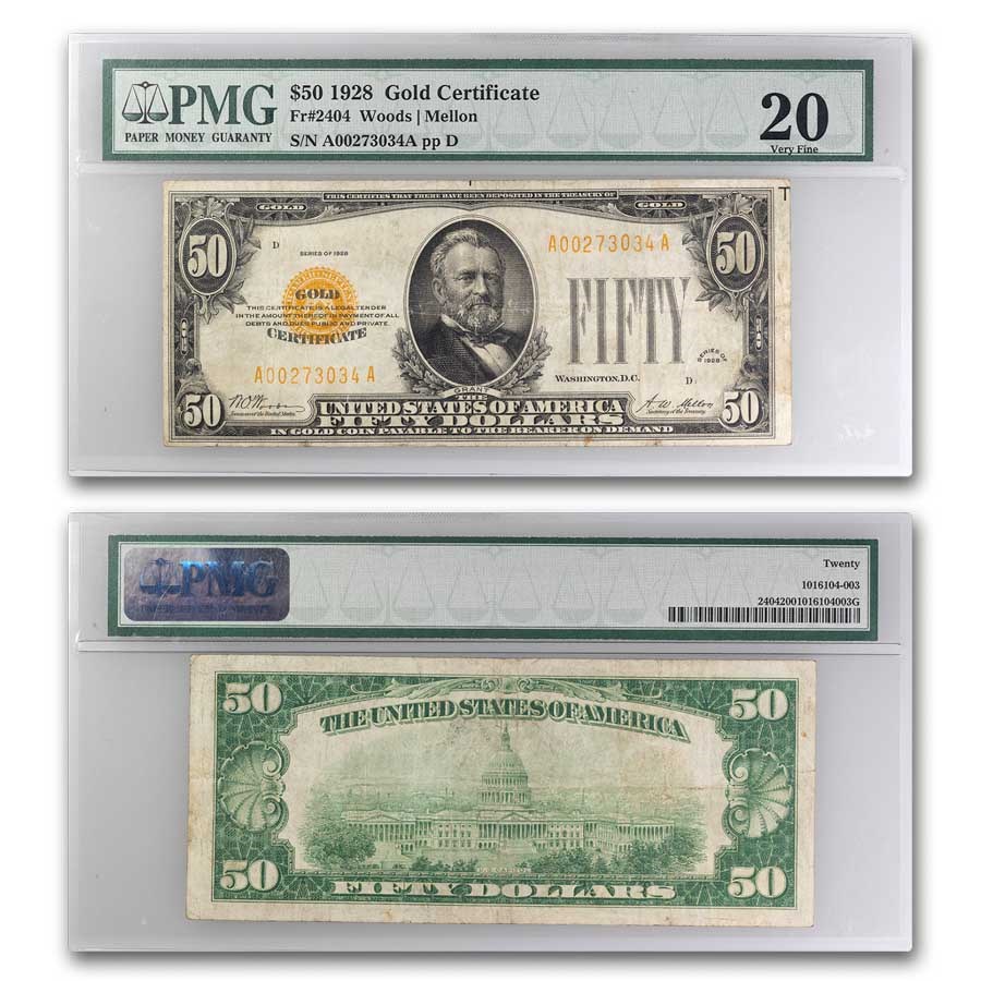 1928 $50 Gold Certificate VF-20 PMG (Fr#2404)