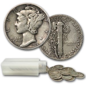 1928-S Mercury Dime 50-Coin Roll Avg Circ