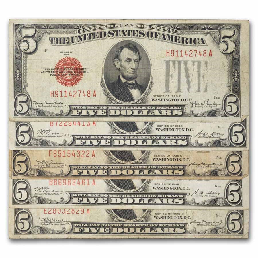 1928 thru 1928-F $5.00 U.S. Note Red Seal VG/VF Lot of 5