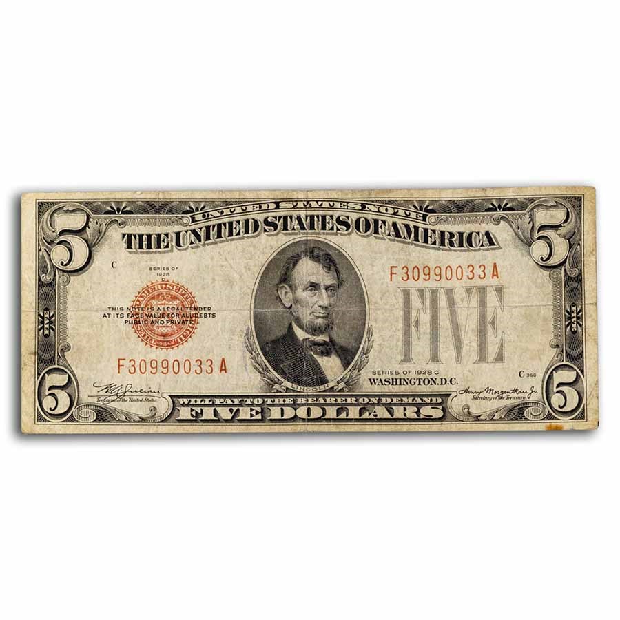 1928's $5.00 U.S. Note Red Seal Cull/Good