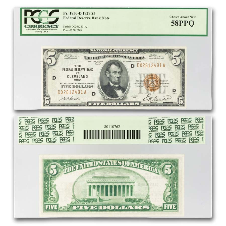 1929 (D-Cleveland) $5 Brown Seal FRBN AU-58 PPQ PCGS (Fr#1850-D)