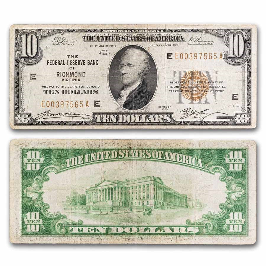 1929 (E-Richmond) $10 Brown Seal FRBN Fine (Fr#1860-E)