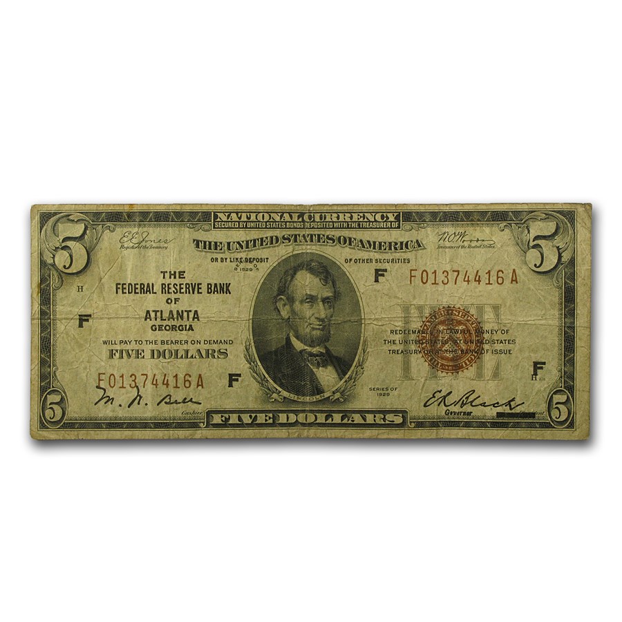 1929 (F-Atlanta) $5.00 Brown Seal FRBN Fine (Fr#1850-F)