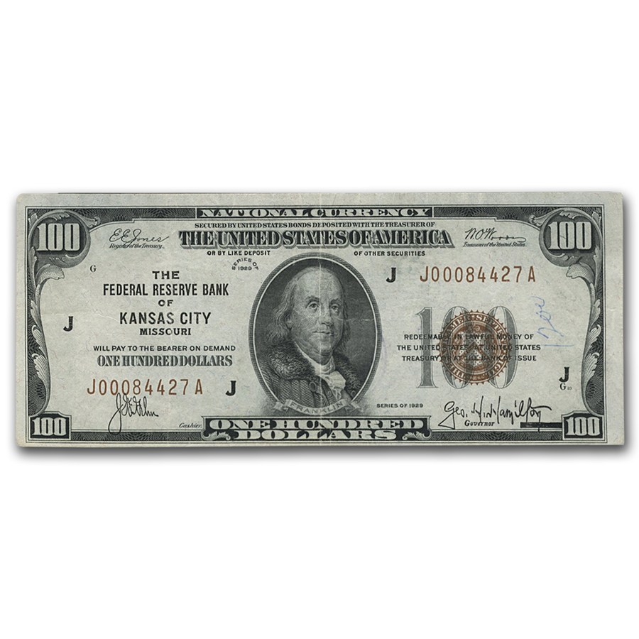 1929 (J-Kansas City) $100 Brown Seal FRBN VF (Fr#1890-J)