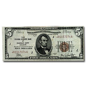 1929 (J-Kansas City) $5.00 Brown Seal FRBN Fine (Fr#1850-J)