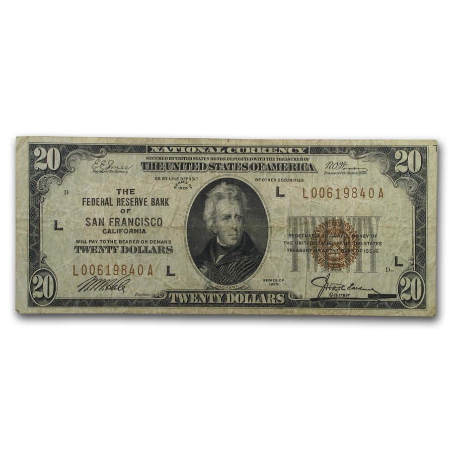 1929 (L-San Francisco) $20 Brown Seal FRBN VF (Fr#1870-L)