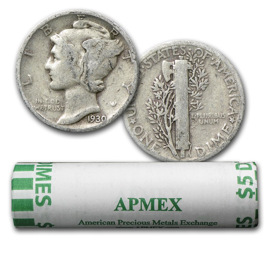 1930-S Mercury Dime 50-Coin Roll Avg Circ
