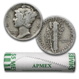 1931 Mercury Dime 50-Coin Roll Avg Circ
