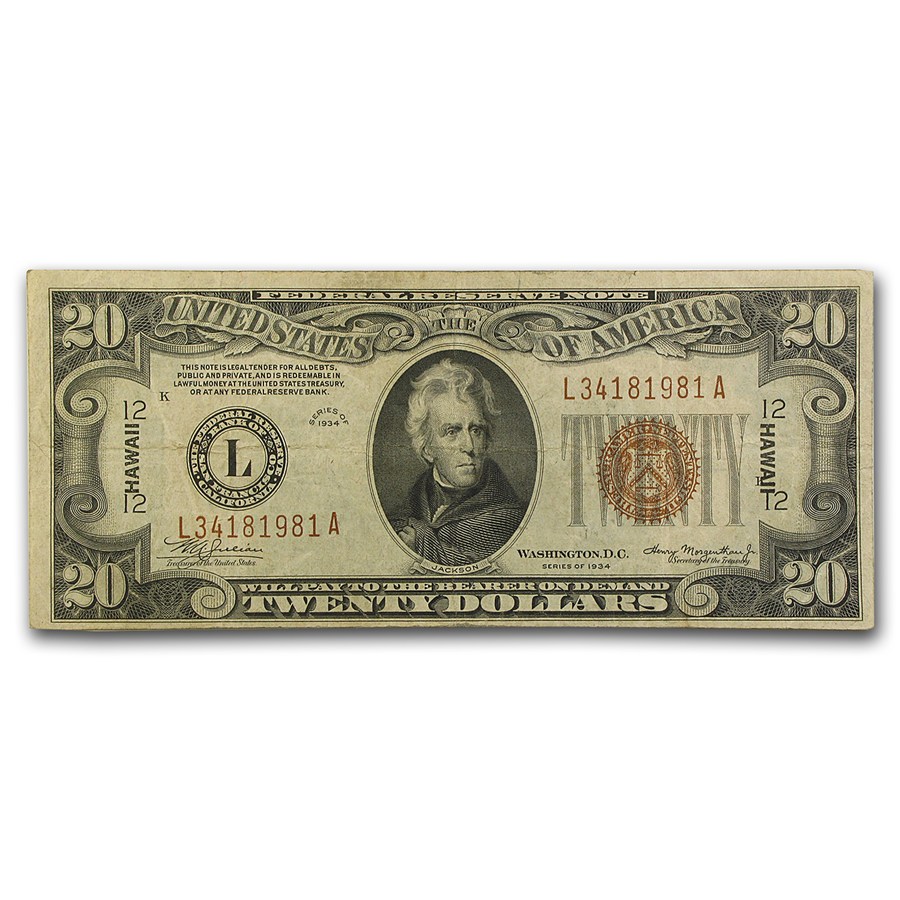1934 $20 Brown Seal Hawaii VF (Fr#2304)