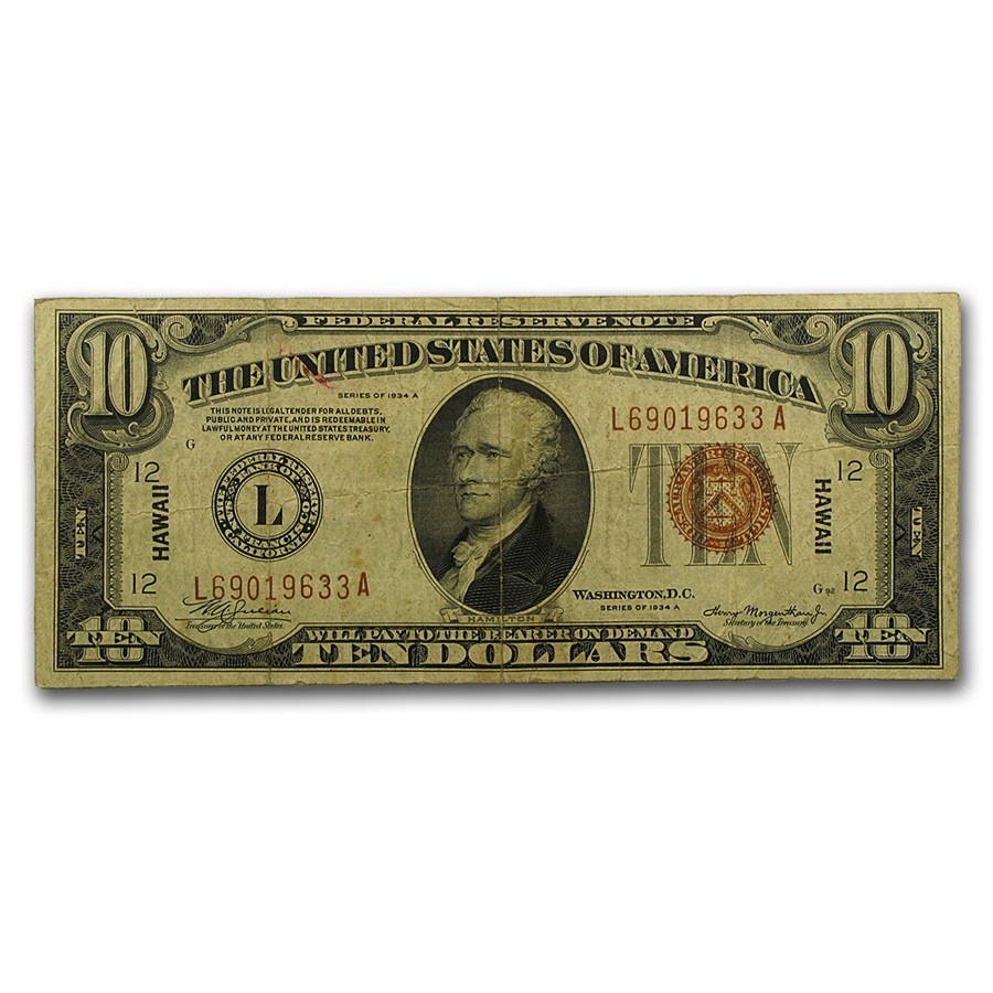 1934-A $10 Brown Seal Hawaii Fine+ (Fr#2303)