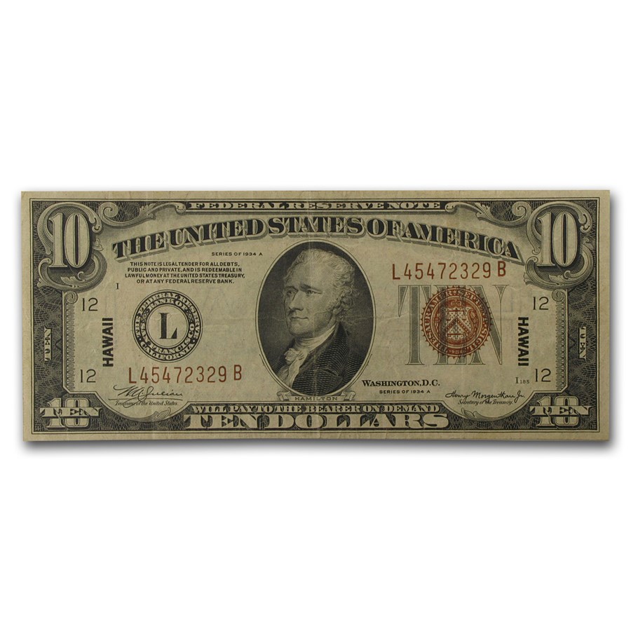 1934-A $10 Brown Seal Hawaii VF (Fr#2303)
