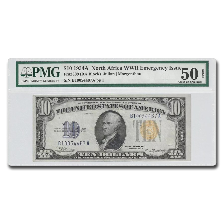 1934-A $10 Yellow Seal North Africa AU-50 EPQ PMG (Fr#2309)