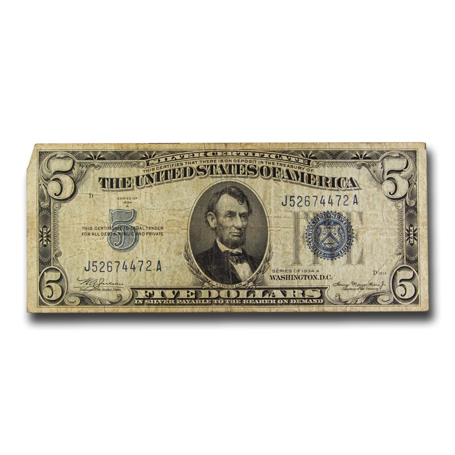 1934-A $5.00 Silver Certificate Avg Circ VG-VF (Fr#1651)