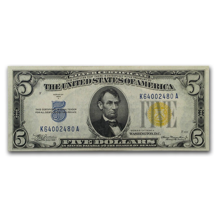 1934-A $5.00 Yellow Seal North Africa VF+ (Fr#2307)