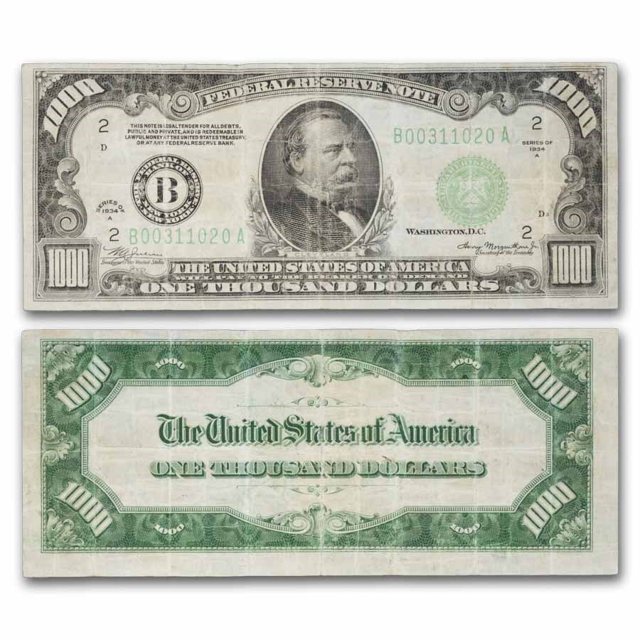 1934-A (B-New York) $1,000 FRN Fine (Fr#2212-B)