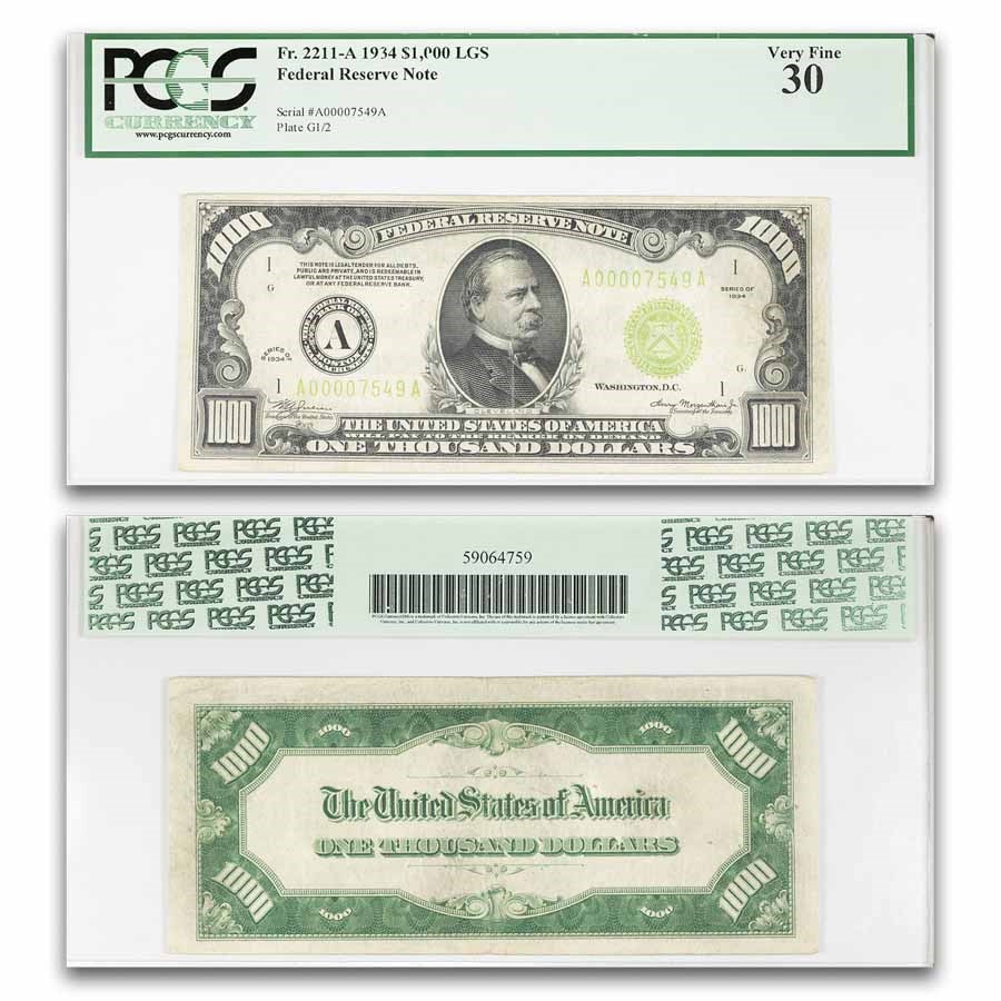 1934 (A-Boston) $1,000 FRN VF-30 PCGS (Fr#2211-A) LGS
