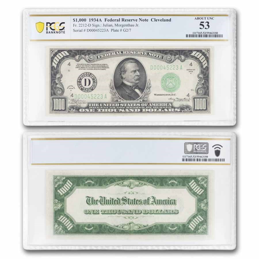 1934-A (D-Cleveland) $1,000 FRN AU-53 PCGS (Fr#2212-D)