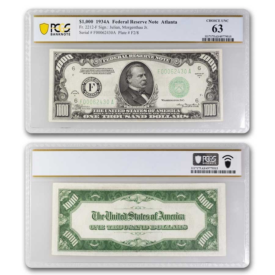 1934-A (F-Atlanta) $1,000 FRN CU-63 PCGS (Fr#2212-F)