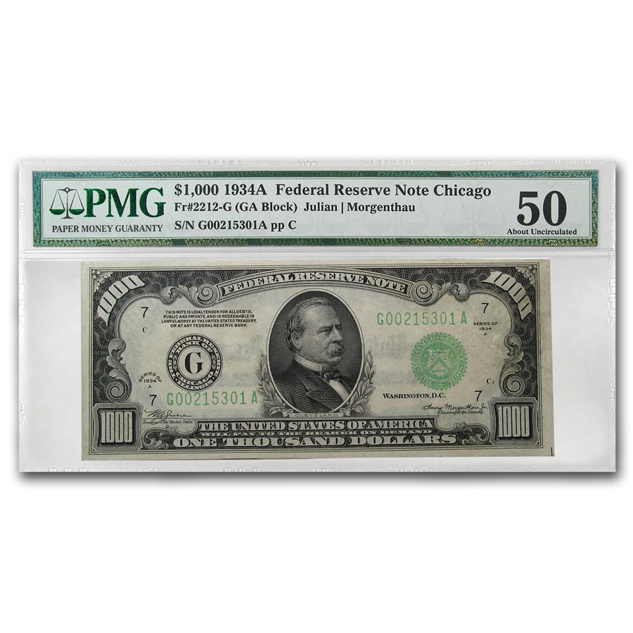 1934-A (G-Chicago) $1,000 FRN AU-50 PMG (Fr#2212-G)