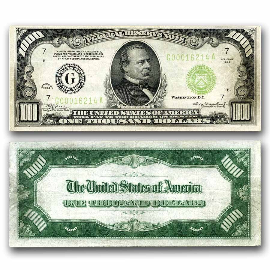 1934-A (G-Chicago) $1,000 FRN AU (Fr#2212-G)