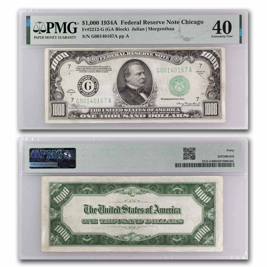 1934-A (G-Chicago) $1,000 FRN XF-40 PMG (Fr#2212-G)
