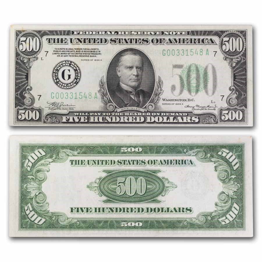 1934-A (G-Chicago) $500 FRN Ch AU (Fr#2202-G)